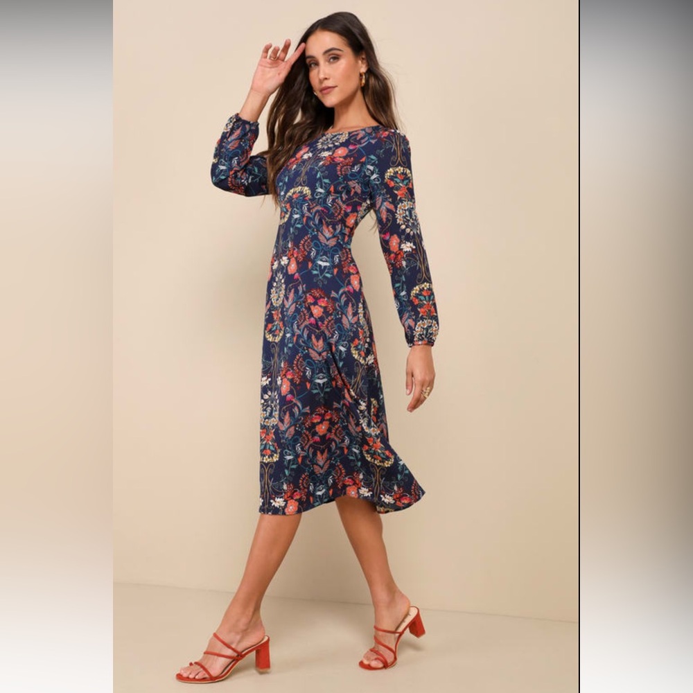 I. Madeline Navy Blue Floral Midi Garden Splendor Dress Large